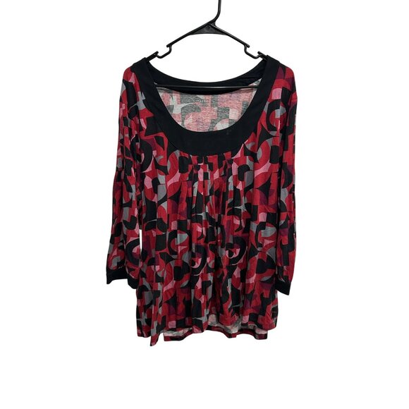 A.N.A A New Approach Geometric 3/4 Sleeve Top Red Black Sz 2X Scoop Neck Pleated - Picture 1 of 10